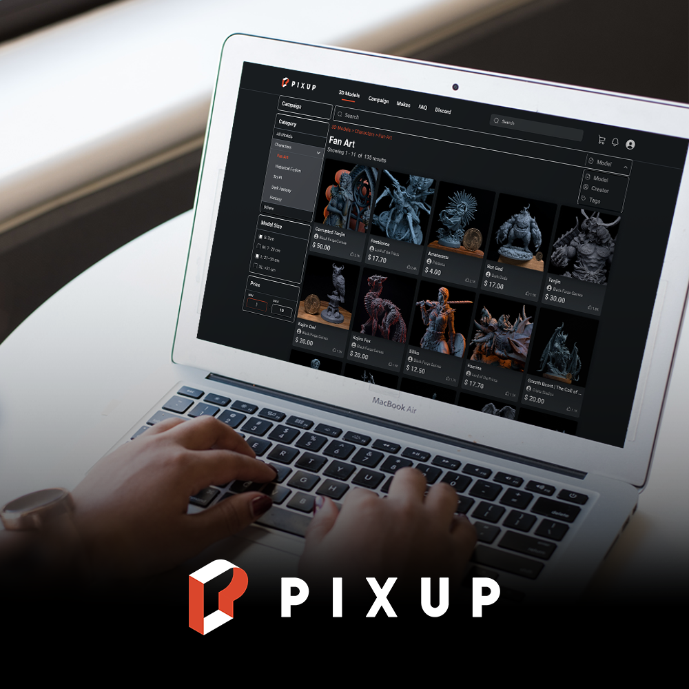 PIXUP platform for discovering high-quality, pre-supported 3D models from top designers for creative projects.