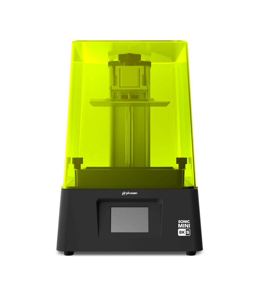 Phrozen Sonic Mini 8K S resin 3D printer with a yellow cover, offering affordable 8K detail accuracy.