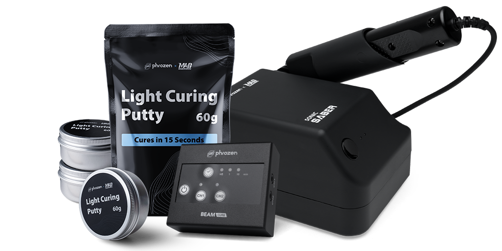 Phrozen 3D printing tools including light curing putty, Sonic Saber, and Cure Beam for polishing, smoothing, and perfecting prints.